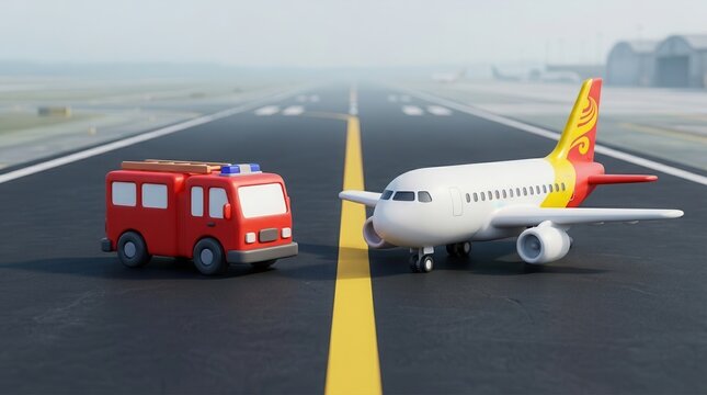 An aircraft and a fire engine on a smooth runway representing aviation security and emergency services.