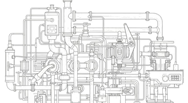 Detailed Outline Illustration of Intricate Industrial Machinery and Complex Piping Systems, Showcasing Engineering Components and Technological Infrastructure on a Pristine White Background
