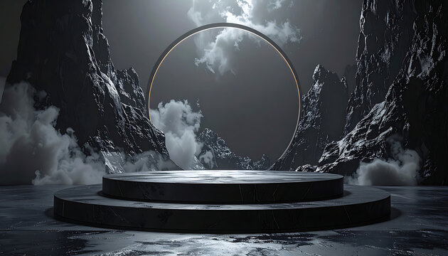 Futuristic dark podium with glowing ring and stormy sky background, dramatic atmospheric scene