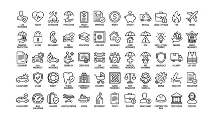 Collection of black line icons and text labels related to insurance and financial protection concepts  various services and risks covered
