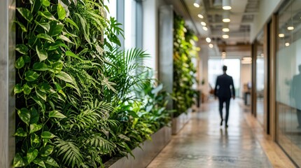 Obraz premium Modern office corridor featuring a lush green plant wall and blurred business people.