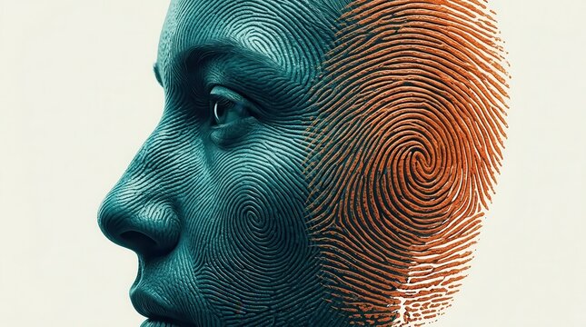A conceptual illustration of personal identity evolving through a fingerprint-patterned human face.