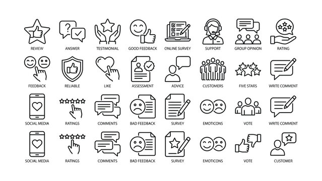 Customer review and feedback icons set including ratings vote emoticons comments social media symbols and testimonials  business communication concept