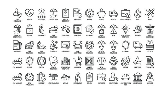 Collection of black line icons and text labels related to insurance and financial protection concepts  various services and risks covered