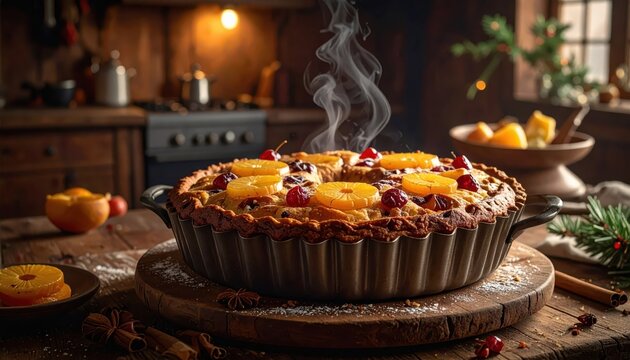 Steaming Upside Down Fruitcake with Caramelized Pineapple Rings and Maraschino Cherries on Wooden Board