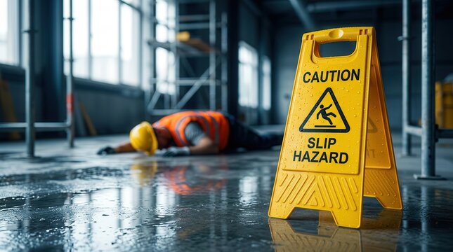 A yellow caution cone on a wet floor with a fallen worker in the background representing a slip and fall accident.