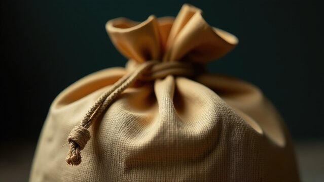 A cloth bag with a tied knot, perfect for carrying small items or as a decorative accessory