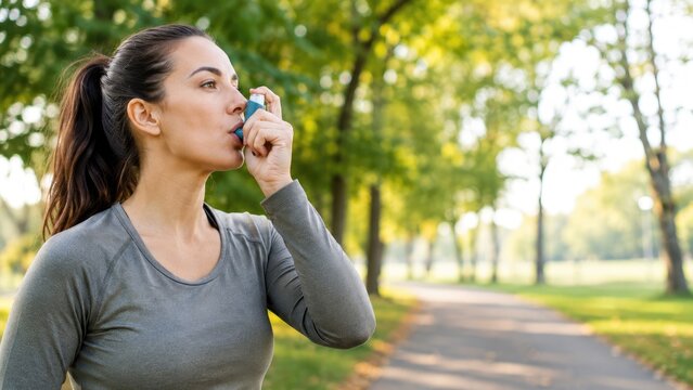 Young woman using an asthma inhaler outdoors on a tree-lined park path