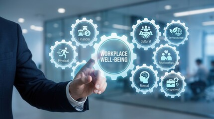 Obraz premium Fostering workplace wellbeing through employee engagement and positive work culture.