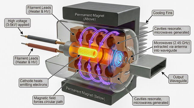 How a Microwave Oven Magnetron Works - Cutaway 3D Infographic of Cathode Anode Cavities and Microwave Generation