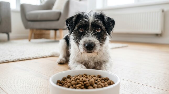 Adorable black dog with pleading eyes looking at a bowl of dry dog food.