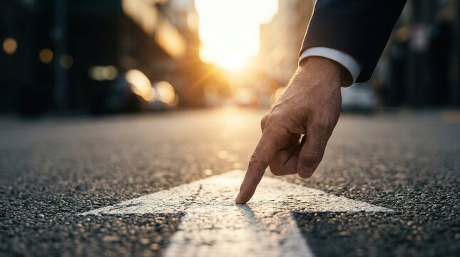 A businessman's hand pointing toward a strategic direction marked by an arrow on the ground.