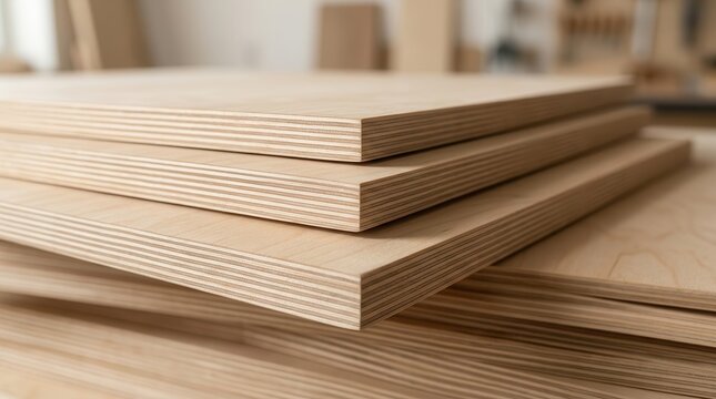 Stacked sheets of cut plywood showcasing layered edges and wood grain.