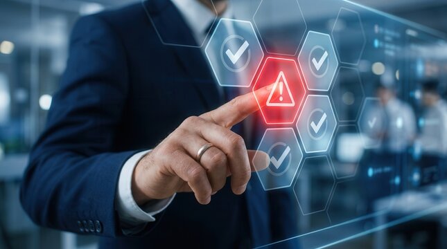 Businessman touching a triangle caution warning sign for error notification and maintenance.