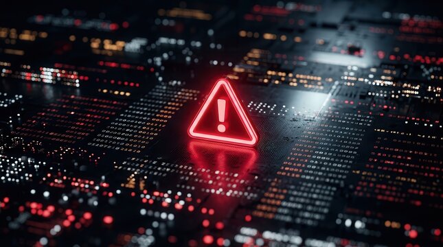 Red warning triangle alert on a digital matrix for fraud detection and cybersecurity threat intelligence.