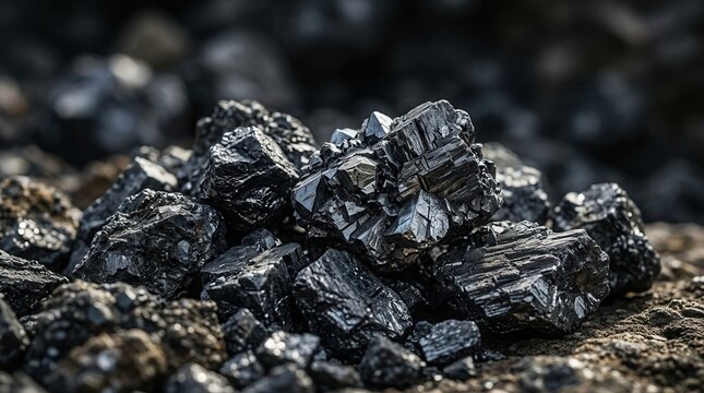 Macro shot of black lead zinc ore showing a chaotic natural texture.