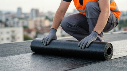Naklejka premium Construction worker installing a bituminous membrane waterproofing system on a flat roof.