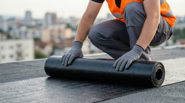 Construction worker installing a bituminous membrane waterproofing system on a flat roof.