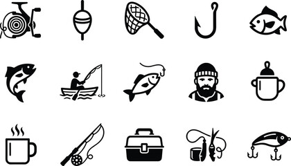 Fishing and Angling Equipment Vector Icon Set with Rod Reel Lure and Fisherman Symbols © MdShakib