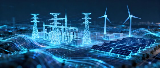 Fototapeta premium Renewable energy infrastructure with solar and wind