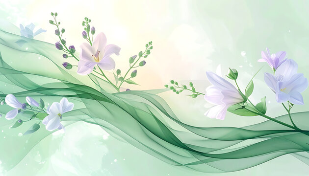 Gentle floral arrangement with soft pastel flowers and flowing green waves, evoking spring and nature, perfect for feminine designs