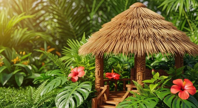 A beautiful tiki hut with a textured thatch roof stands nestled among vibrant green plants, creating a relaxing tropical oasis in a garden, serene, greenery, paradise