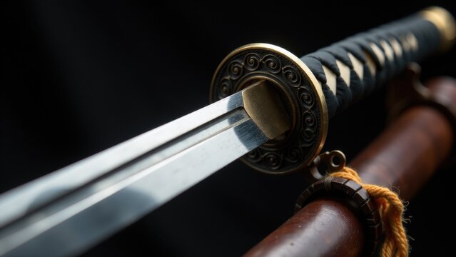 A close-up shot of a knife attached to a pole, often used in ceremonial or symbolic contexts