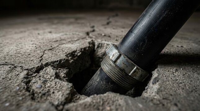 Radon mitigation system featuring a soil suction pipe inserted into a cracked concrete basement floor.