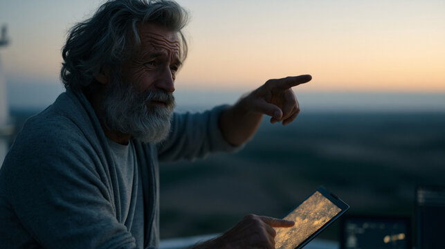 Rural astronomy educator points skyward from hilltop observatory terrace at twilight, light pollution map glowing on tablet in his weathered hands, rolling farmland darkness