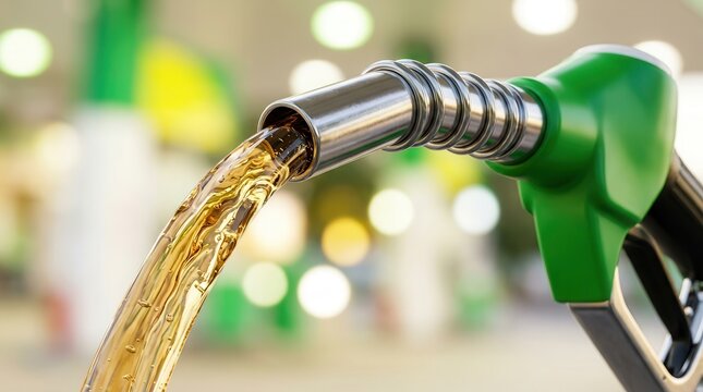 Renewable ethanol biofuel being pumped from a green fuel nozzle.