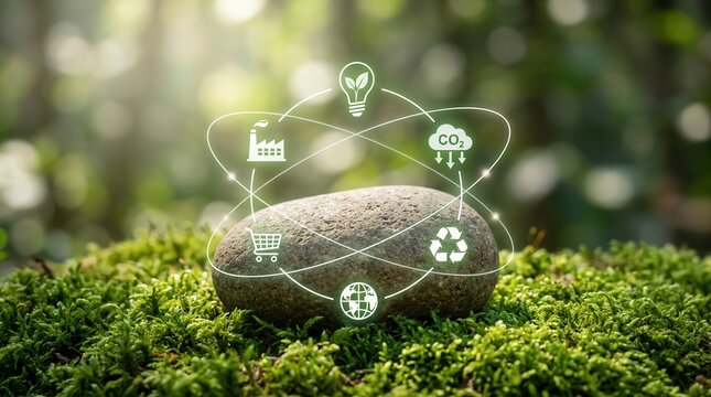 Sustainable business value chain concept featuring life cycle assessment and carbon footprint reduction.