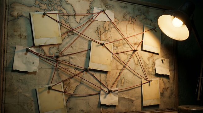 Detective Evidence Board With Blank Polaroids And Red String