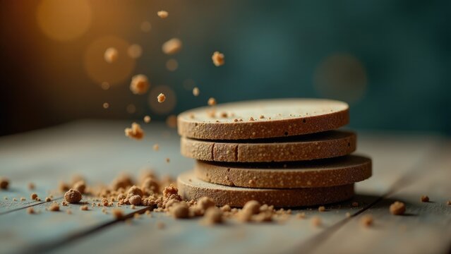 A stack of four cookies placed on top of a wooden table, perfect for a snack or dessert