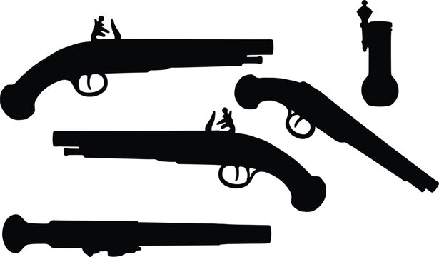 A professional minimalist vector silhouette set featuring antique flintlock pistols and vintage medieval firearm icons in image_cf912c.png