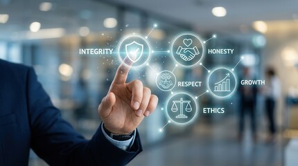 Fototapeta premium Corporate ethics and growth concept featuring icons for integrity, honesty, respect, and code of conduct.