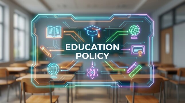 Digital education policy concept featuring academic learning symbols in a classroom setting.