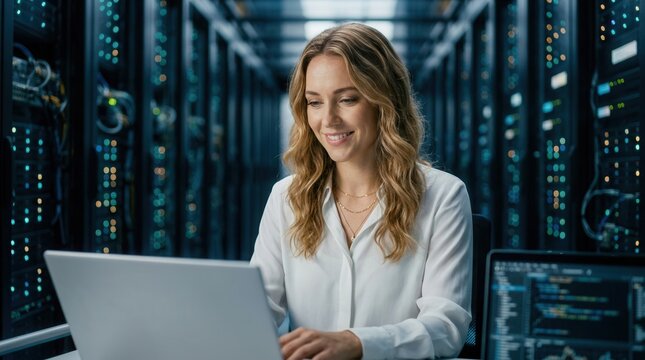 A focused data center technician works on a laptop to oversee server operations and ensure efficient functionality.