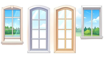 Obraz premium Four various shaped windows frame a vivid landscape view