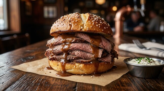Delicious beef on weck sandwich with au jus sauce, a regional delicacy from Buffalo, New York.