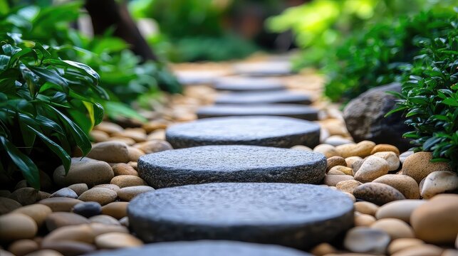 Pebble path through garden with stepping rhythm natural setting and relaxation tone perfect for landscape or wellness visuals
