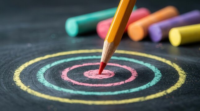 A red pencil hitting the center of a colorful chalk target to represent goal prioritization.