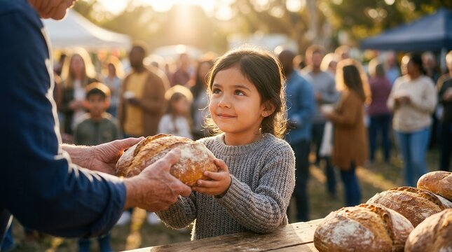 A young child receives fresh bread from volunteer hands at an outdoor charity event.