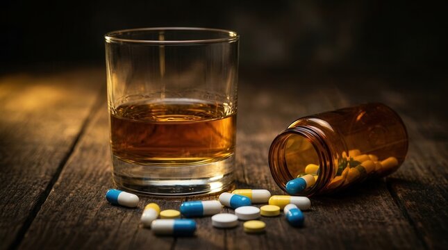 Spilled pill bottle and glass of liquor on a wooden surface symbolizing drug abuse and addiction.