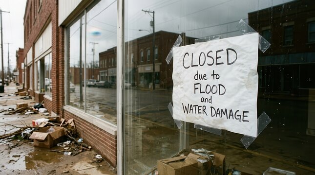 A closed business sign due to flood and water damage illustrating economic impact.