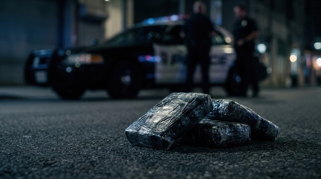 Suspicious packages wrapped in plastic on a street with a police car in the background.