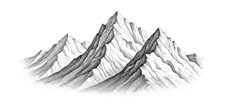 Hand drawn ink sketch of rocky mountain peaks with snow on the summit isolated on white background