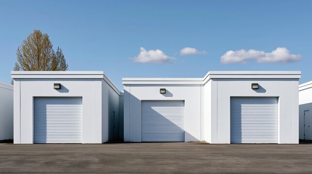 Clean white storage units with roll-up doors under a bright blue sky