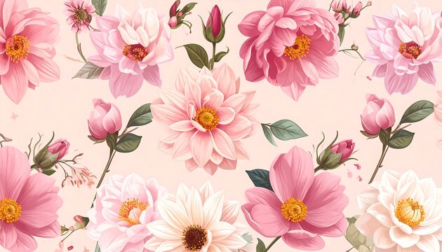Delicate array of pink & white blooms, buds & foliage over soft background, creates a floral, feminine pattern