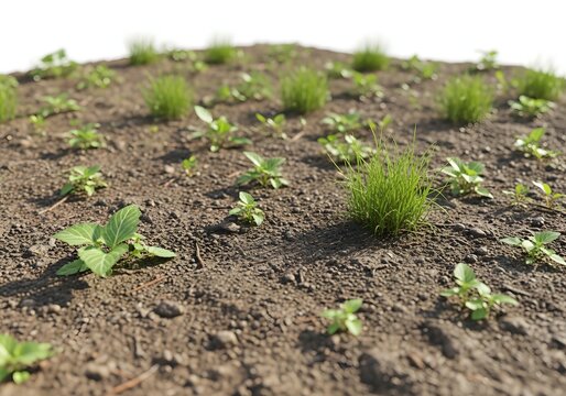 Tiny green sprouts emerging from dark clumpy soil. Early stage agricultural planting and renewal. Seedlings breaking through the earth surface