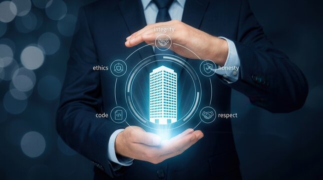 Business code of conduct concept featuring a glowing holographic corporate building icon.